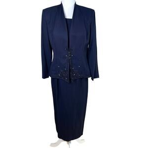Liz Baker Petite Navy Blue 2-Piece Maxi Dress with Blazer Beaded Jacket Size 10P